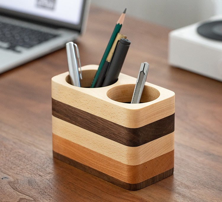 Three Colors Wooden Double-Hole Pen Holder