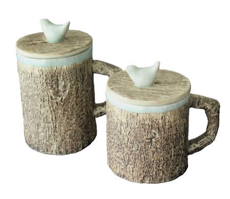 Tree Bark Ceramic Coffee Mug with Bird On Lid