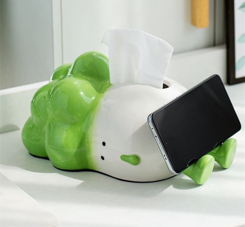 Whimsical Cabbage Ceramic Tissue Box with Phone Stand