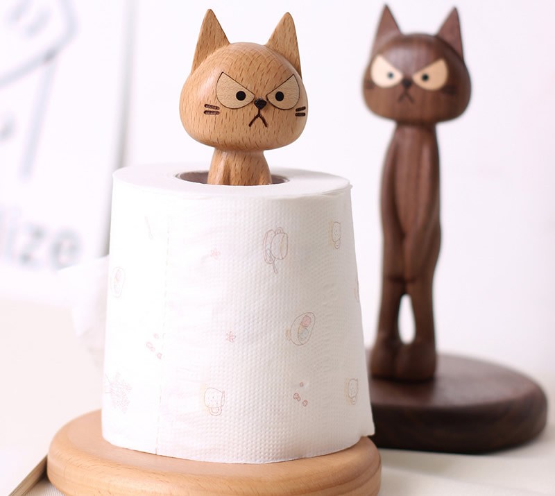 Whimsical Wooden Cat Toilet Paper Holder