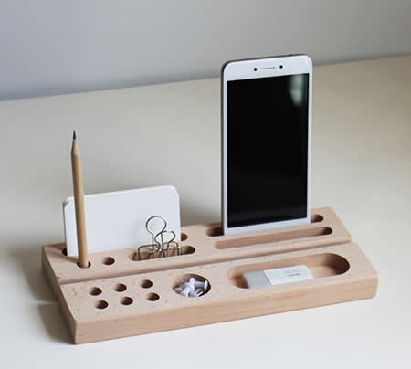 2pcs Wood Office Desk Organizer Set - Phone Stand / Pencil Holder / Business Card Holder