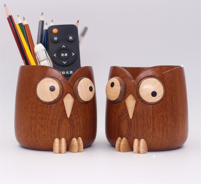 Wooden Big-Eyed Owl Pen Holder, Office Desk Storage