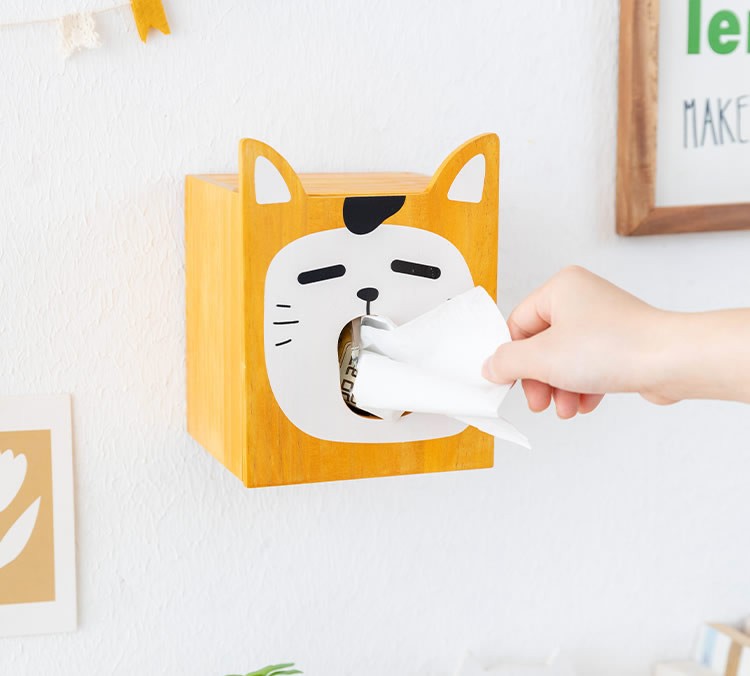 Wooden Big Face Cat Wall Tissue Box