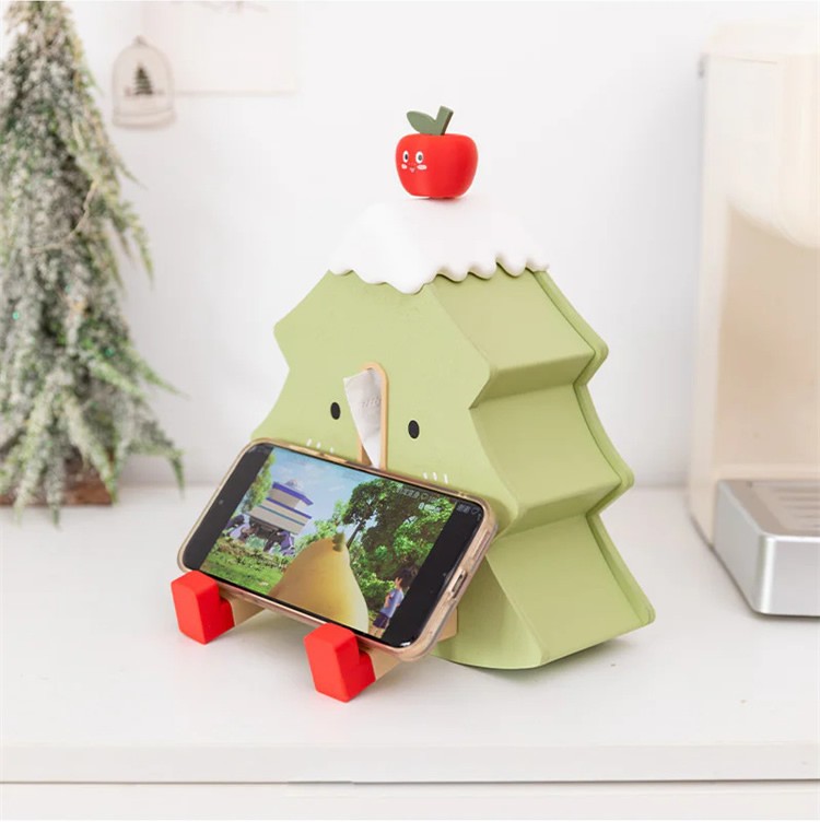 Wooden Christmas Tree Tissue Box - Cute Holiday Decor with Phone Stand & Red Apple Design
