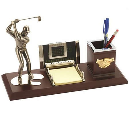 Wooden Desk Organizer Pen Pencil Holder With Golf Men Figurine Sculptures