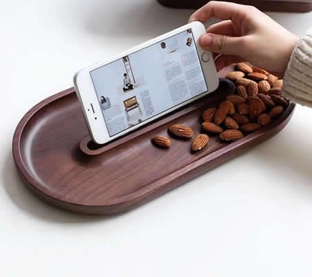 Wooden Dessert Tray Cookie Snack Nut Serving Dish  with Cellphone Holder 