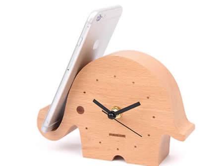 Wooden Elephant Desk Clock With Cell phone Stand