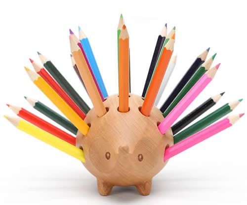 Wooden Hedgehog Pen Pencil Holder Desk Organizer