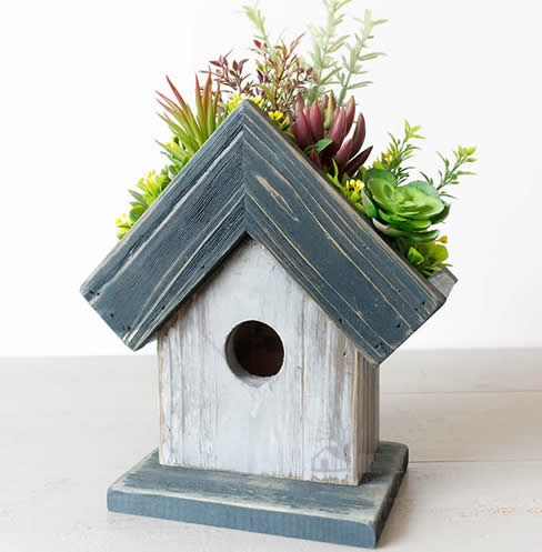   Wooden House Flower Pot With Artificial Succulents