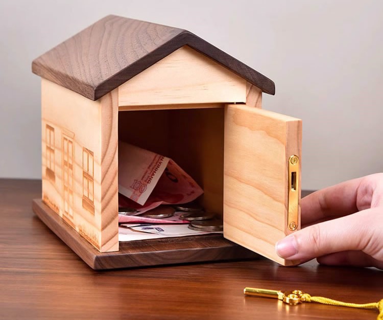 Wooden House-Shaped Piggy Bank With Lock