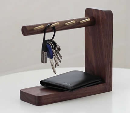 Wooden & Brass  Key Rack Holder  Phone Essentials Shelf 