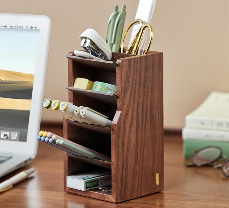 Wooden Multi-layer Pen Holder, Stationery Organizer