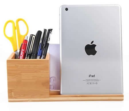 Bamboo Wooden Office Desk Organizer Pen and Pencil Holder , Phone and Tablet Holder