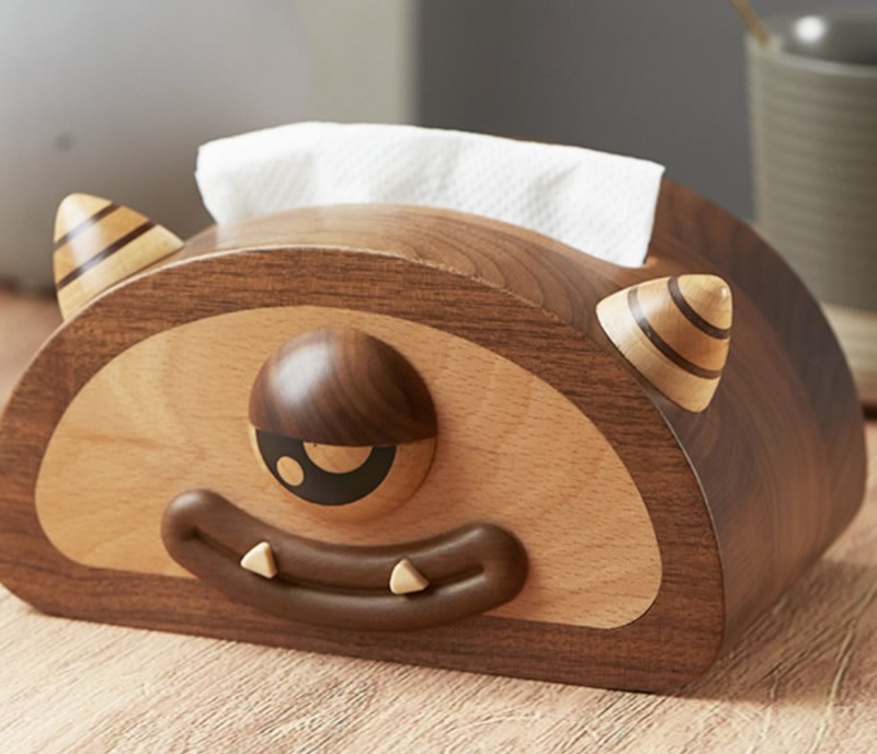 Wooden One-Eyed Monster Tissue Box