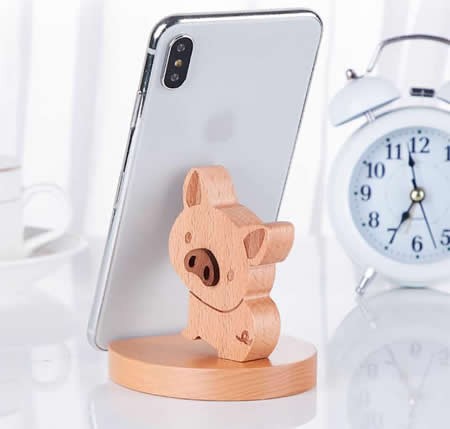 Wooden Pig Shaped Mobile Phone iPad Holder Stand