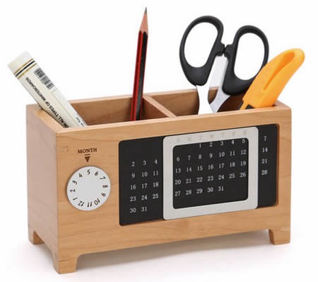 Wooden Struction Multi-function Desk Stationery Organizer Storage Box With Perpetual Calendar