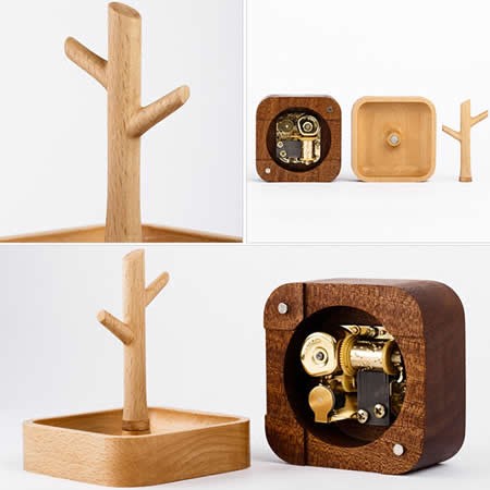  Wooden Tree Music Box Bracelet Necklace Jewelry Organizer Hooks Rack Stand