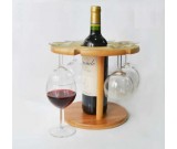 Bamboo  Single Wine Bottle Rack, 6 Glass Stemware Storage Display Stand