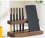 Black Walnut Wood Desk Organizer with 9 Pen Holders and Phone Stand