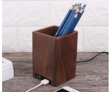 Black Walnut Wooden Pen Holder with 2 USB Charging Port 
