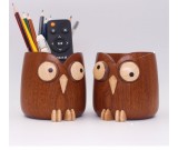 Wooden Big-Eyed Owl Pen Holder, Office Desk Storage