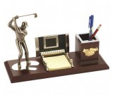 Wooden Desk Organizer Pen Pencil Holder With Golf Men Figurine Sculptures