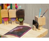  Wooden Robot Pen Pencil Phone Holder Desk Organizer Flowerpot