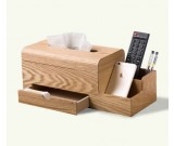 Wooden Tissue Box Cover Holder and Remote Control Organizer with Storage Drawer