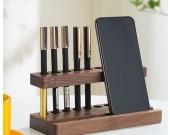 Black Walnut Wood Desk Organizer with 9 Pen Holders and Phone Stand