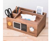 Bamboo Wood Multi-Function Desktop Tissue Box Cover Perpetual calendar Remote Control Holder Storage Box