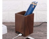 Black Walnut Wooden Pen Holder with 2 USB Charging Port 