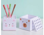Cartoon Bear & Kitten Face  Pen Display Stand 16-Slots Pen Pencil Holder