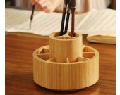 Circular Bamboo and Wood Rotating Pen Holder