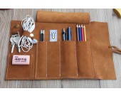  Genuine Leather Roll Up Style Pen Pencil Case,Black & Brown