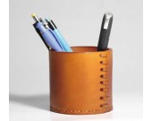 Handmade  Genuine Leather  Round Pens Pencils Holder Desk Organizer Office Desk Accessories Container Box 