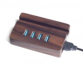 Portable Wooden USB 3.0 4-Port Hub with Stand for All Phones