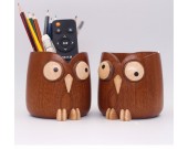 Wooden Big-Eyed Owl Pen Holder, Office Desk Storage