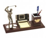 Wooden Desk Organizer Pen Pencil Holder With Golf Men Figurine Sculptures