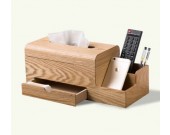 Wooden Tissue Box Cover Holder and Remote Control Organizer with Storage Drawer