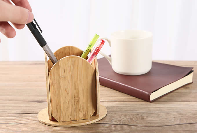  Bamboo Wooden Office Desk Organizer Pen Pencil Container Holder