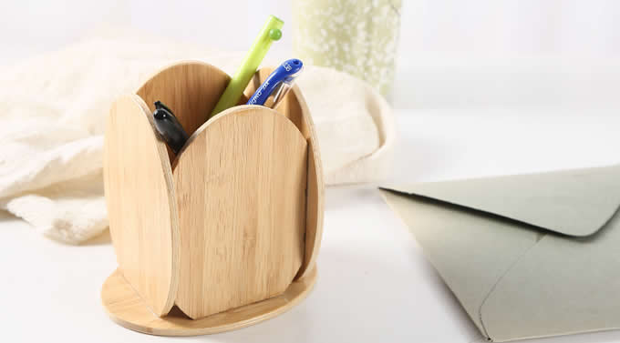  Bamboo Wooden Office Desk Organizer Pen Pencil Container Holder