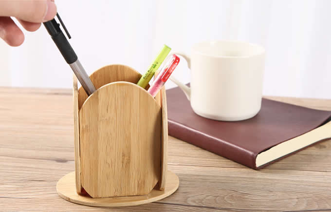  Bamboo Wooden Office Desk Organizer Pen Pencil Container Holder