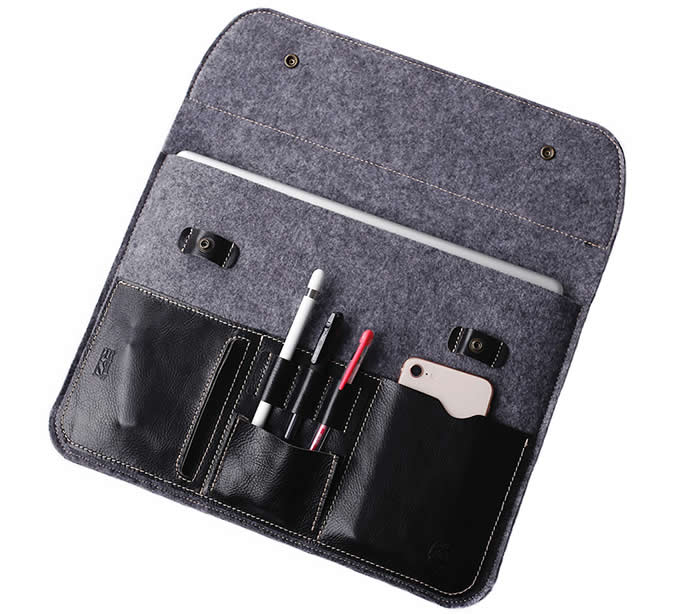 Gray Felt Case Leather Front Bag Magnetic Button Sleeve for Apple 12