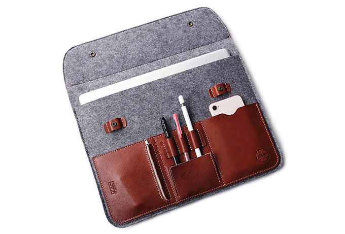 Gray Felt Case Leather Front Bag Magnetic Button Sleeve for Apple 12