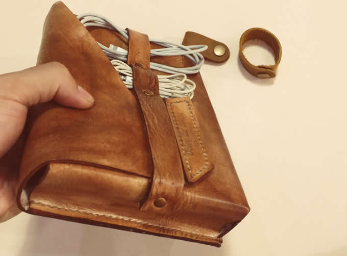 Handmade Genuine Leather Sleeve Bag Case Travel Cord Organizer For Macbook Power Adapter Mouse 