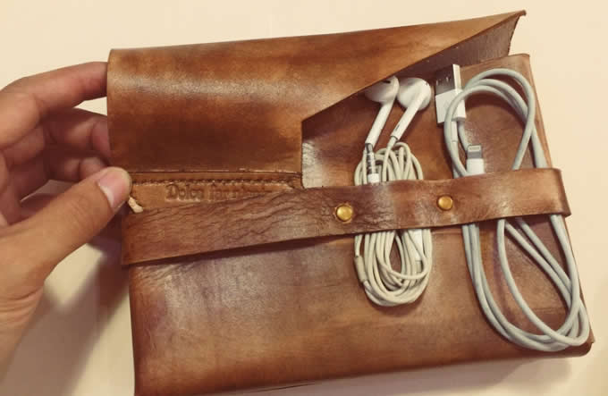 Handmade Genuine Leather Sleeve Bag Case Travel Cord Organizer For Macbook Power Adapter Mouse 
