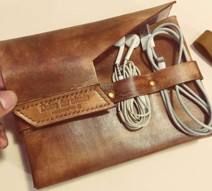 Handmade Genuine Leather Sleeve Bag Case Travel Cord Organizer For Macbook Power Adapter Mouse 