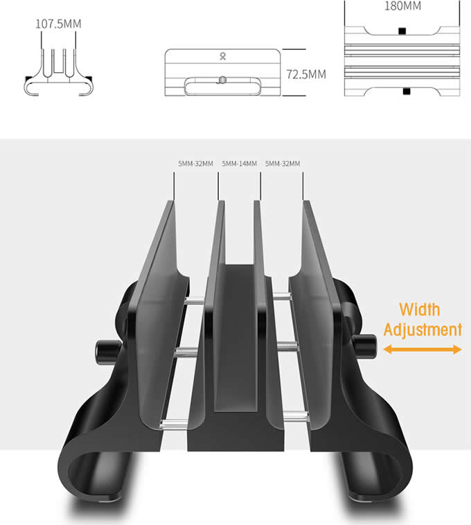 Adjustable 3 Slot Aluminum Desktop Holder Fit Notebooks and Tablets, 