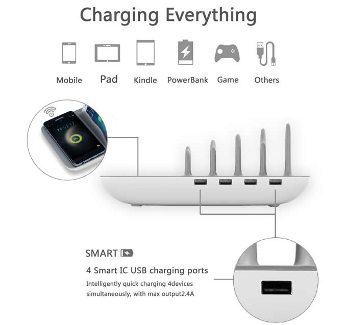  Multi-Device Charging Stand Docks with 4-Port USB Charger for Universal Smart Phones and Tablets 