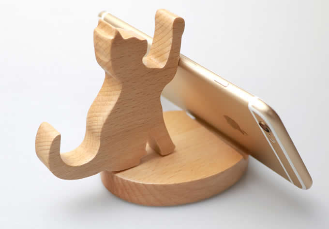 Wooden Cat Cell Phone iPad Stand Holder